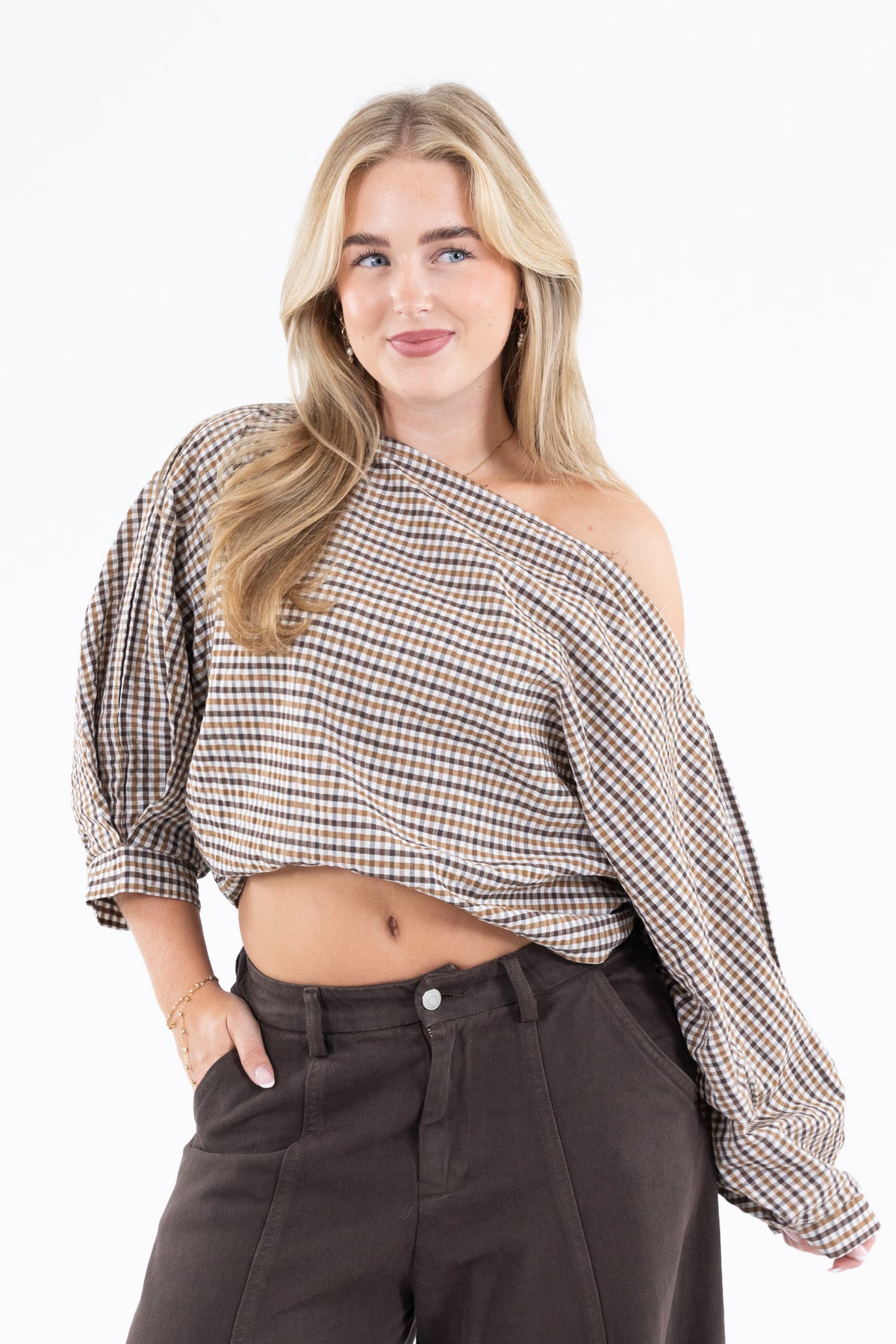 Off Shoulder Check Blouse