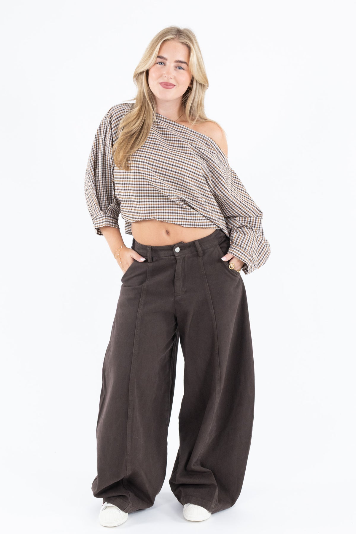 Off Shoulder Check Blouse